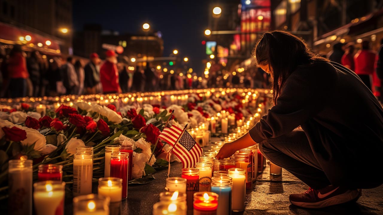 Hommages mémoriels aux victimes du 11 septembre, bougies, fleurs et messages personnels