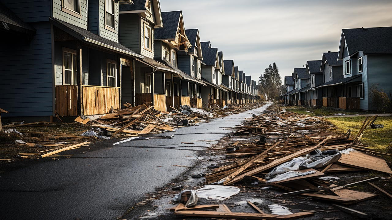 Maisons vides et panneaux de saisie dans un quartier résidentiel