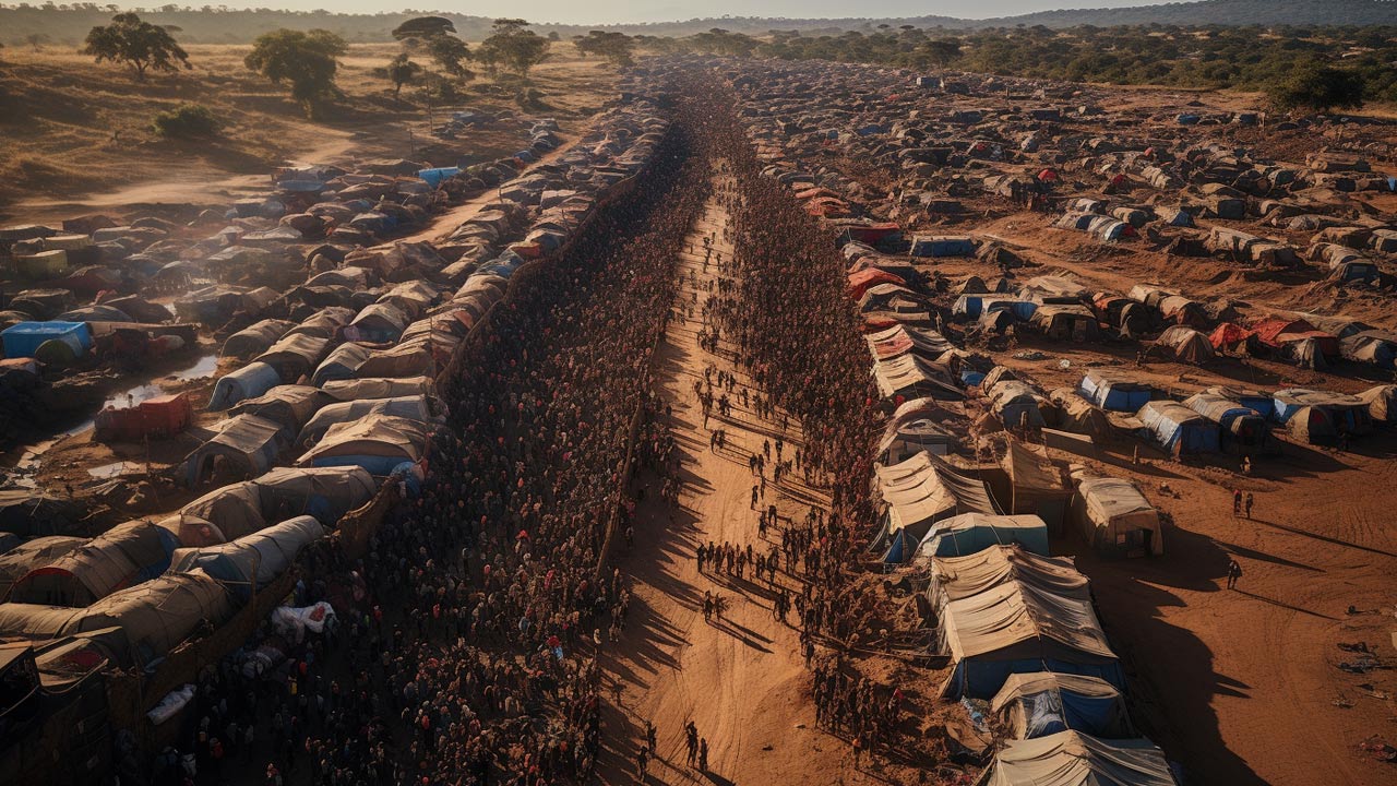 Vue aérienne d'un camp de réfugiés bondé près de la frontière européenne