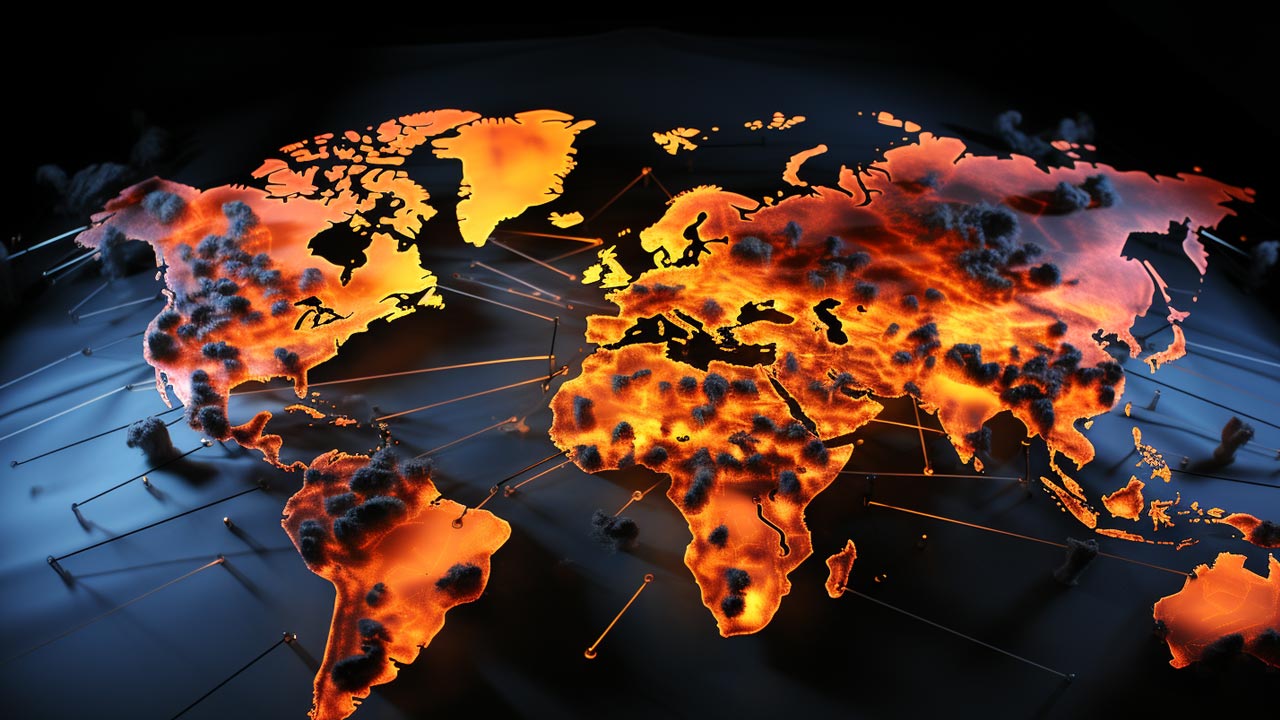 Leaders mondiaux en réunion d'urgence, carte du monde marquée par des points de conflit