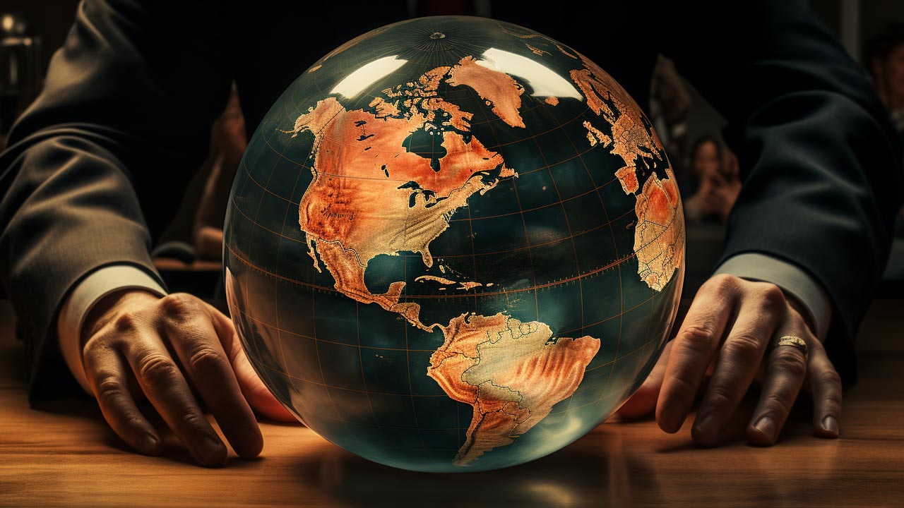 Ombres planant sur un globe, doigts accusateurs pointant différents pays